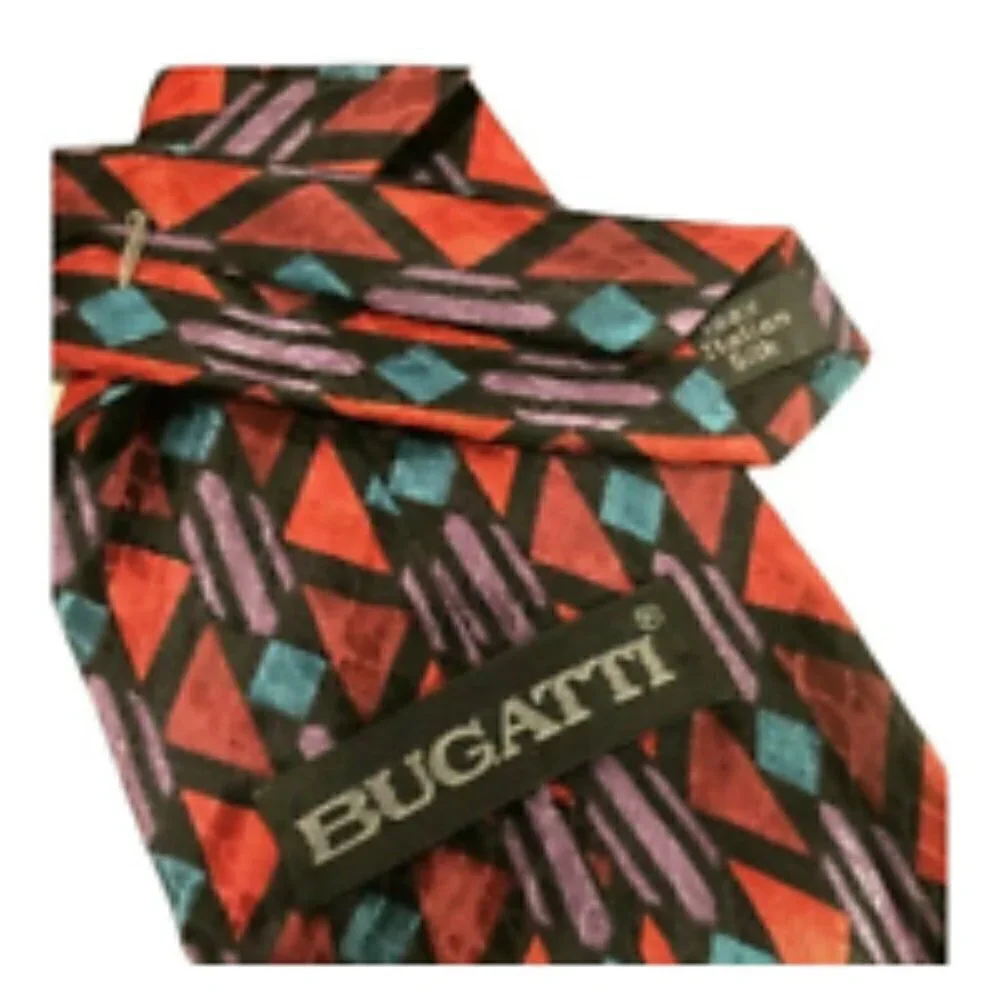 Vtg 80s Bugatti Men Neck Tie 100% Italian Silk Geometric Blue Purple Burgundy